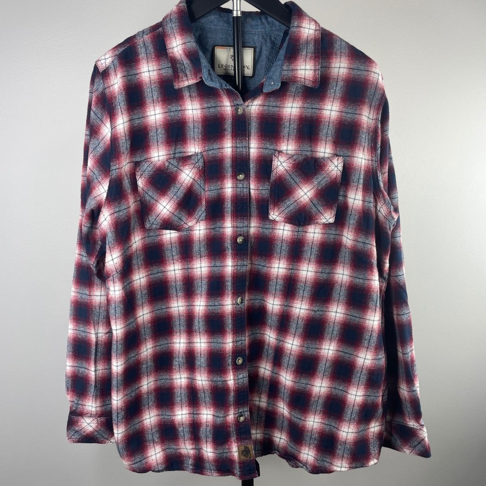 Legendary Whitetails Womens 1X Flannel Shirt Red Blue Plaid Cotton Button Down